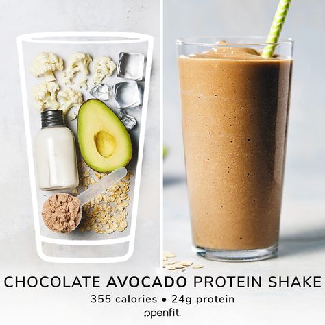 Made with riced cauliflower, rolled oats, and avocado, this chocolate avocado protein shake packs in 24 grams of protein, and 14 grams of fiber. Avocado Protein Shake, Avocado Protein, Mocha Shake, Chocolate Protein Shake, Avocado Shake, Banana Protein Shake, Healthy Protein Shakes, Chocolate Protein Shakes, Riced Cauliflower