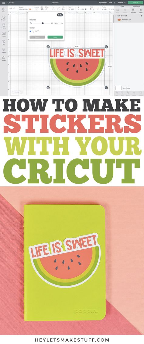 Make all sorts of stickers using your Cricut Maker or Explore and the offset feature in Cricut Design Space! Learn how to turn ANY image into a Cricut print then cut sticker with this fun tutorial. Cricut Print Then Cut, Cricut Stickers, Cricut Projects Easy, Cricut Air 2, Create A Sticker, Printable Sticker Paper, Cricut Help, Cricut Print And Cut, How To Use Cricut