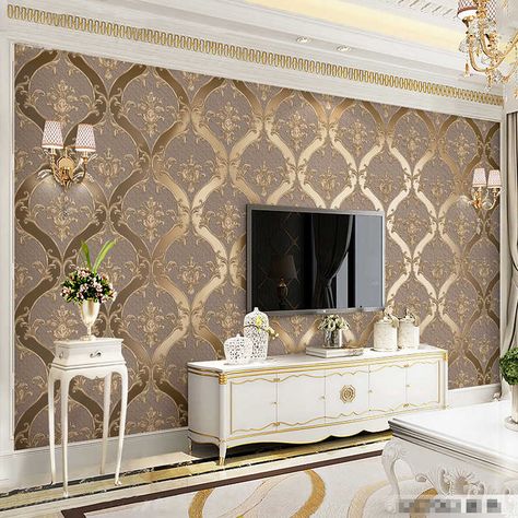 Gold Wallpaper Living Room, Creative Curtains, European Wallpaper, Room Wallpaper Designs, Wallpaper Designs For Walls, 3d Wallpaper Design, Living Room Wall Designs, Redecorating Ideas, 3d Wallpaper For Walls