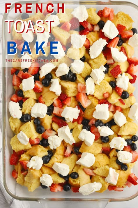 Red White and Blue French Toast Bake is the perfect way to celebrate the occasion without having to wake up at the crack of dawn and spend the entire morning in the kitchen. It's a classic breakfast casserole topped with blueberries, strawberries and cream cheese for a beautiful and patriotic presentation. 4th Of July French Toast, Birthday Breakfast Casserole, Easy 4th Of July Breakfast, Red White And Blue Parfait, Fourth Of July Breakfast Food Ideas, Fourth Of July Food Breakfast, 4th Of July Breakfast Ideas For Kids, Red White Blue Breakfast, Red White And Blue Brunch