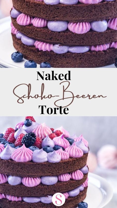 Naked Schoko-Beeren Torte (Vegan) Berry Torte, Torte Vegan, Naked Cake Birthday, Birthday Cake Chocolate Raspberry, Chocolate Ganache Cake With Strawberries, Naked Cake With Berries, Brownie Torte, Chocolate Naked Cake, Birthday Desert