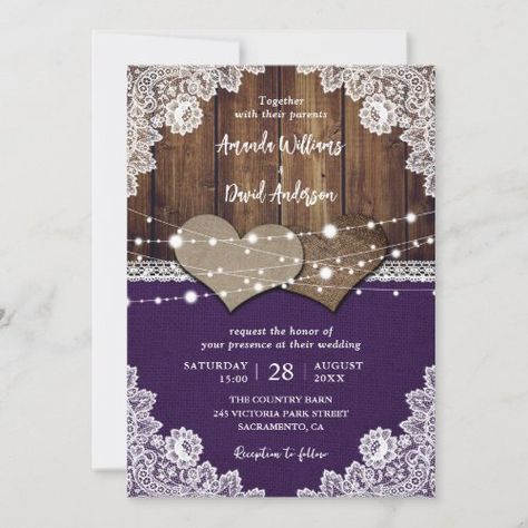 Rustic Purple Barn Wood Burlap Lace Wedding Invitation #zazzle #weddinginvitations #birthdayinvitations #babyshowerinvitations #zazzleinvitations #monogram #businesscards #graduation #homedecor Burlap Lace Wedding, Romantic Rustic Wedding, Country Barn Weddings, String Lights Wedding, Lights Wedding, Purple Wedding Invitations, Lace Wedding Invitations, Teal Wedding, Burlap Lace