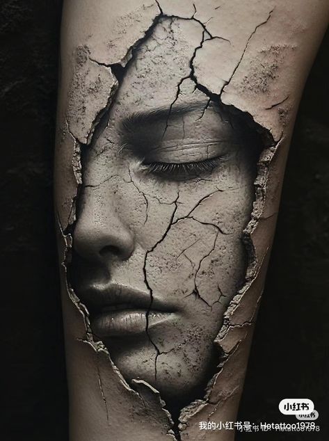 Cracked Face Tattoo, Cracked Tattoo, Female Portrait Tattoo, Ripped Skin Tattoo, Pixie Tattoo, Surrealism Tattoo, Hand Tattoo Designs, Stone Tattoo, Zeus Tattoo