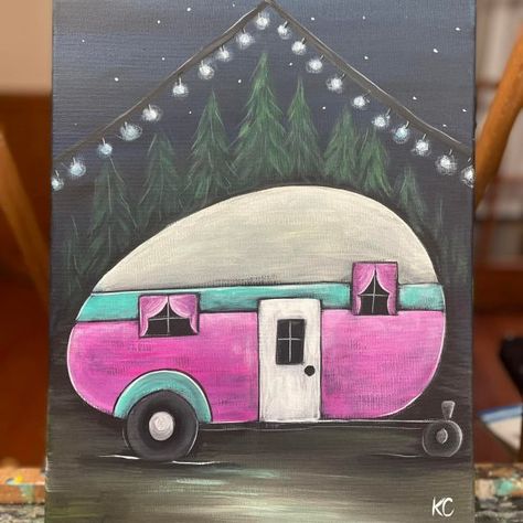 Paint And Sip Ideas Step By Step Easy, Camper Painting, Pink Paintings, Cozy Camper, Winter Paintings, Camper Art, Wood Yard Art, Fall Canvas Painting, Free Painting