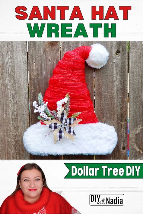 Dollar Tree Santa Hat Wreath, Santa Hat Wreath Diy, Santa Hat Wreath, Traditional Christmas Wreath, Hat Wreath, Dollar Tree Christmas, Farmhouse Traditional, Wreaths Diy, Traditional Christmas