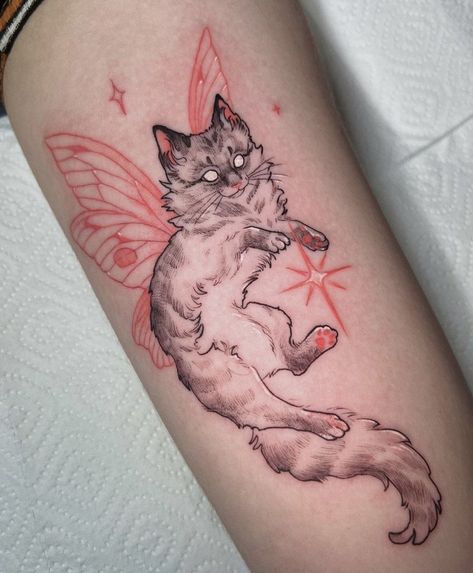 Fairy Cat Tattoo, Faerie Tattoo, Fairy Wing Tattoos, Tattoo Gato, Alas Tattoo, Sick Tattoos, Fairy Cat, Crystal Tattoo, Remembrance Tattoos