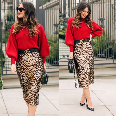 Leopard Shoe Outfits Casual, Animal Print Shoes Outfit, Leopard Boots Outfit, Leopard Print Skirt Outfit, Silk Top Outfit, Fashion Women Outfits, Printed Skirt Outfit, Clothing Wardrobe, Color Combos Outfit