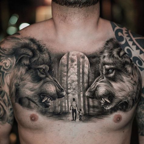 Interesting chest piece with wolf portraits on either side and a farther and son walking into a forest Chest Tattoo Wolf, Tiger Tattoo Sleeve, Wolf Tattoos Men, Rose Tattoos For Men, Bear Tattoos, Muster Tattoos, Cool Chest Tattoos, Wolf Tattoo Design, Chest Piece Tattoos