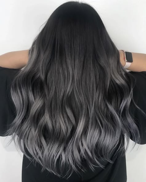 Dark Grey And Black Hair, Dark Gray Hair Color Ideas, Black Ashy Hair, Low Maintenance Balayage Black Hair, Smokey Black Hair, Dark Grey Hair Charcoal, Ash Brown Balayage On Black Hair, Ashy Grey Balayage, Dark Brown Hair With Silver Highlights