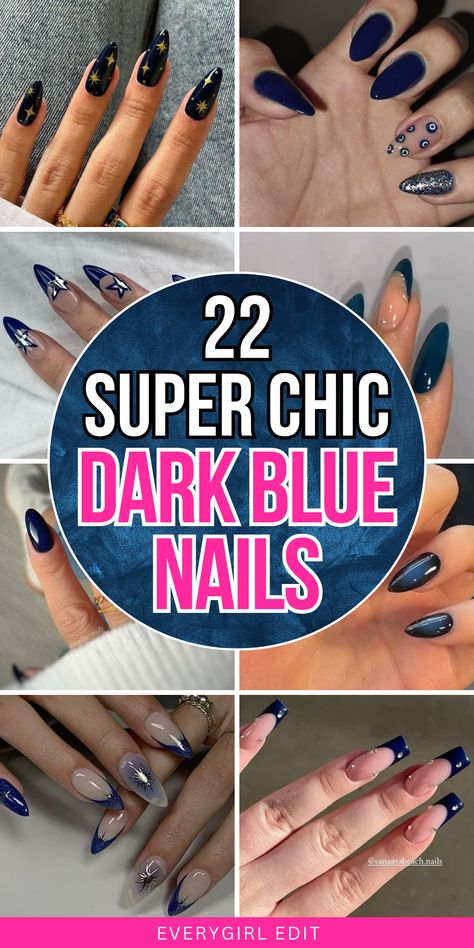 dark blue nails, dark blue nail designs, dark blue nail ideas, dark blue nail designs, dark blue nail art, dark blue nail inspo, dark blue nails 2024, dark blue nail designs 2024. Ink Blue Nail Designs, Navy And Black Nails Design, Navy Nails With Accent Nail, Sparkle Navy Blue Nails, Navy Shimmer Nails, January Nails Navy Blue, Short Sapphire Blue Nails, Gray And Navy Nails, Navy Christmas Nail Designs