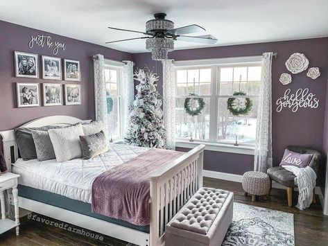 Romantic Purple Bedroom Farmhouse, Purple And Grey Room Ideas Bedrooms, Master Bedrooms Decor Cozy Romantic Purple, Purple Gray White Bedroom, Purple Home Office Decor, Plum And White Bedroom, Purple And Grey Bedroom Ideas Aesthetic, Purple Romantic Bedroom, Elegant Purple Bedroom