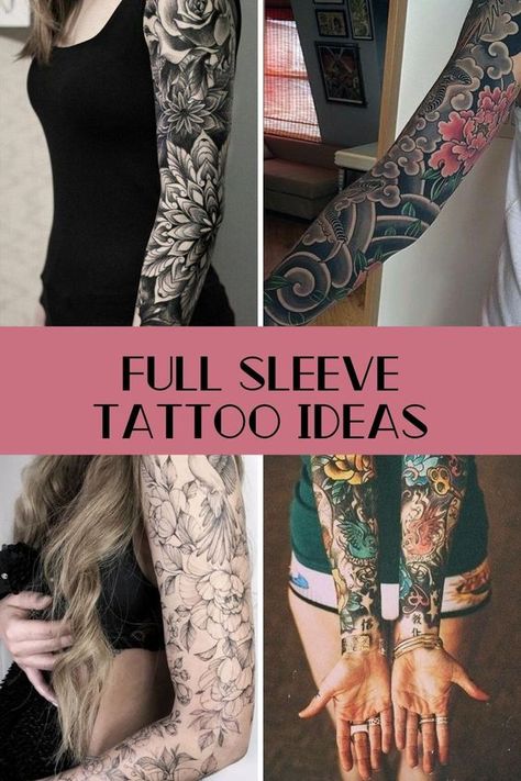 What is A Full Sleeve Tattoo & Why Do You Want One? Spiritual Full Sleeve Tattoo, Classy Tattoos For Women Elegant Sleeve, Women With Two Sleeve Tattoos, Women’s Full Sleeve, Womans Full Sleeve Tattoo, Feminine Sleeve Filler, Unique Tattoo Designs Sleeve For Women, Tattoos For Women Sleeve Arm, Whole Sleeve Tattoos For Women Unique