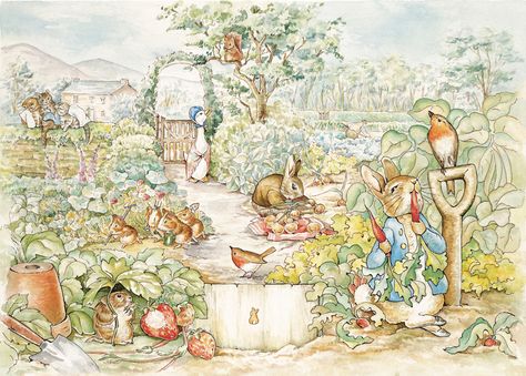 Beatrix Potter Illustrations, Susan Wheeler, Peter Rabbit And Friends, Storybook Characters, Garden Illustration, Rabbit Baby, Baby Shower Backdrop, Printed Backdrops, Fabric Backdrop