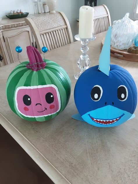 Painted these for two grandsons Spidey And Friends Pumpkin Painting, Pumpkin Painting Ideas For Classroom, Avocado Pumpkin Painting, Pumpkin Painting Ideas Kindergarten, Superhero Painted Pumpkins, Pumpkin Painting Ideas Kid Friendly, Family Painted Pumpkins, Baby Shark Pumpkin Painted, Cocomelon Pumpkin Painting