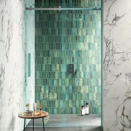 Encore Surfaces Tennessee 2" X 6" Zellige Subway Wall Tile | Wayfair Zellige Tile Bathroom, Green Shower Tile, Dark Green Tile, Bathroom Wall Coverings, Green Tile Backsplash, Green Tile Bathroom, Tile Ceramic, Green Flooring, Zellige Tile