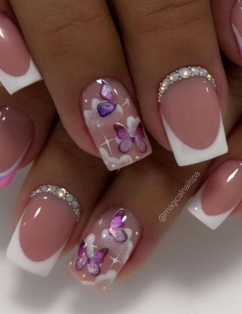 Butterfly Nail Designs, Purple Acrylic Nails, Romantic Nails, Purple Nail Designs, Fancy Nails Designs, Stylish Nails Designs, Nails Design With Rhinestones, Rose Gold Nails, Short Square Acrylic Nails