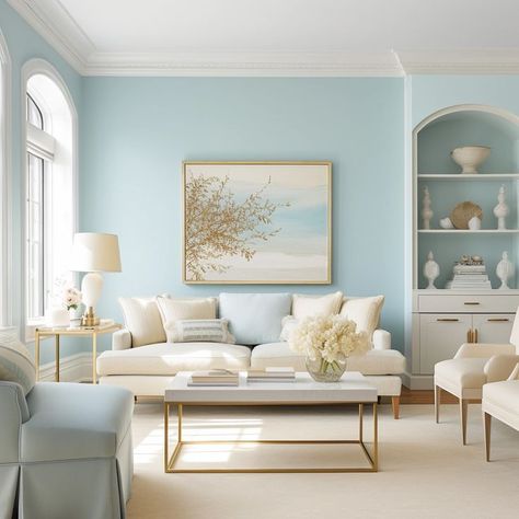 Curious about what accent colors go well with light blue walls? We’ve got a list of amazing color combinations that will bring your space to life! Seafoam Blue Living Room, Blue Living Room Paint Colors, Blue Living Room Paint, Living Room Light Blue, Blue Paint Living Room, Blue And Cream Living Room, Aqua Living Room, Blue Playroom, Light Blue Paint Colors