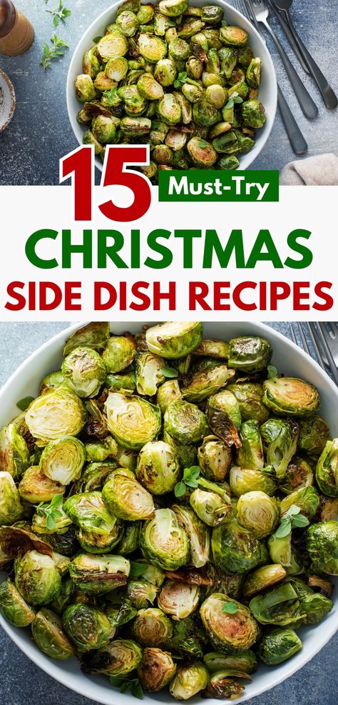 A large bowl of roasted Brussels sprouts seasoned with herbs, offering a perfect Christmas side dish idea. The caramelized edges and vibrant green hues create a delicious and festive presentation. This easy-to-make dish is great for pairing with holiday favorites, bringing healthy and flavorful options to your Christmas table. Easy Christmas Side Dishes, Best Christmas Side Dishes, Christmas Recipes Sides, Brisket Side Dishes, Side Dishes For A Crowd, Holiday Dinner Sides, Dishes For A Crowd, Christmas Dinner Side Dishes, Christmas Side Dish