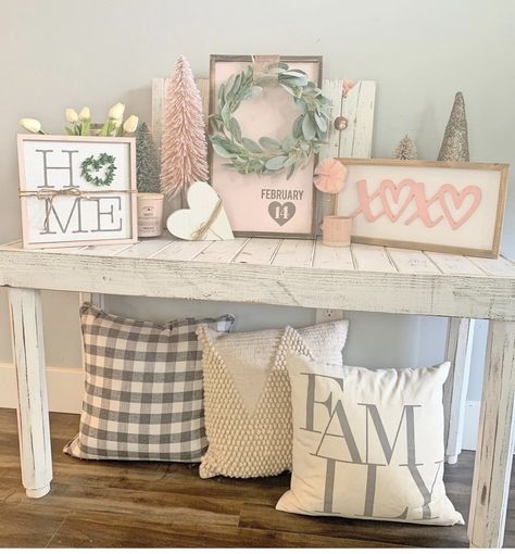 Valentine Entryway Table Decor, Valentines Decor Farmhouse, Valentine Decor Ideas For The Home, Valentine Entryway Decor, Valentines Entry Table Decor, French Country Valentine Decor, Valentines Entry Table, Valentines House Decor Living Room, Valentine’s Day House Decor