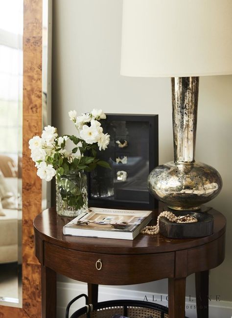 Rustic Wooden Headboard, Jessica Bennett, Transitional Bedroom Design, Mercury Glass Lamp, Bedside Table Styling, Transitional Design Style, Harmony Design, Rustic Wood Floors, Alice Lane Home