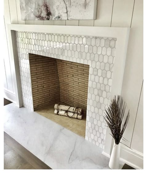 Fireplace Redo, Fireplace Update, Fireplace Tile Surround, Brick Fireplace Makeover, 1930s House, White Fireplace, Bedroom Fireplace, Fire Places, Fireplace Remodel