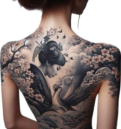 Geisha Back Tattoo Women, Japanese Tattoo Art Geisha, Japanese Back Tattoo Women, Chinese Inspired Tattoos, Tattoo Espalda Mujer, Japan Tattoos, Tattoo Espalda, Guerriero Samurai, Geisha Tattoo Design