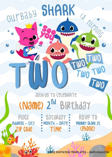 Baby Shark Birthday Invitation Templates – Editable With Microsoft Word | FREE Printable Birthday Invitation Templates - Bagvania Baby Shark Birthday Party Invitations, Baby Shark Invite, Baby Shark Birthday Theme Boy, Shark Theme 2nd Birthday Party, 2nd Birthday Shark Theme, Baby Shark Invitations Template Free, Baby Shark Birthday Invitation Free, Baby Shark Birthday Invitation Template, Baby Shark Party Games