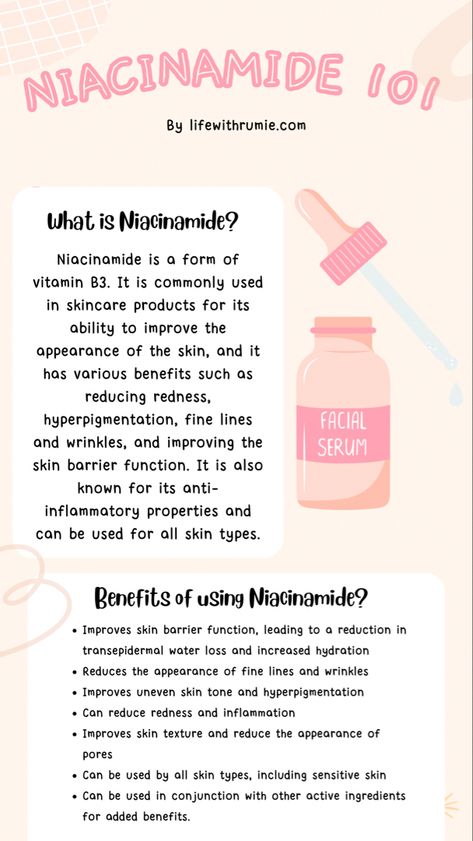 Niacinamide Mixing, How To Make Niacinamide Serum, How Often To Use Niacinamide, Niacinamide How To Use, Niacinamide Serum Diy, Benefits Of Niacinamide, Niacinamide Benefits Before And After, Niamicide Serum, Niacinamide Skincare Routine