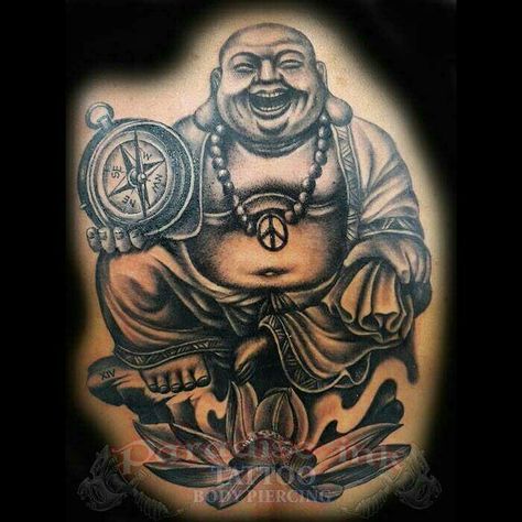 Smiling buddha Laughing Buddha Tattoo Design, Lucky Buddha Tattoo, Smiling Buddha Tattoo, Fat Buddha Tattoo, Buddha Tatoo, Laughing Buddha Tattoo, Tato 3d, Tattoo Homme, Vintage Flower Tattoo