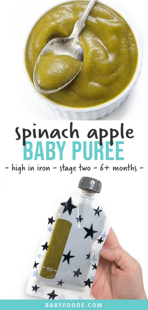 Spinach Apple Baby Puree (rich in iron) - Baby Foode Babycook Recipes, Blw Foods, Avocado Baby Food, Stage 2 Baby Food, Baby Spinach Recipes, Apple Baby Food, Baby Purees, Baby Food Puree, Baby Solid Food