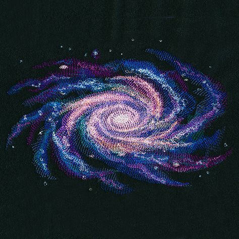 The dreamy colors of space come together to form this swirling galaxy. Create mesmerizing pillows, totes, wall hangings, and more. This machine embroidery design contains sheer stitching and open areas; embroider on dark-colored fabrics for best results. Dreamy Colors, Illusion Drawings, Freestanding Lace Embroidery, Rhinestone Crafts, Batik Art, Urban Threads, Mandala Art Lesson, Spotify Playlists, Applique Embroidery Designs