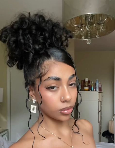 Two High Buns With Swoop, Curly Pineapple Updo, Curly Bun With Bang, Tight Curly Hairstyles, Curly Hairstyles For Formal Events, Curly Hair Styles For School, Tight Curly Hair, Types Of Hair Color, Straightening Natural Hair