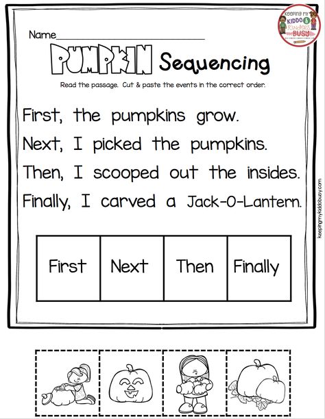 PUMPKIN SEQUENCING - plus October in kindergarten reading and math worksheets no prep activities - alphabet - numbers - counting - sight words and more! FREEBIES - print free worksheets #kindergarten #october Kindergarten Standards, Kindergarten October, Sequencing Activities Kindergarten, October Math, Sequence Writing, Worksheet Kindergarten, Sequencing Worksheets, Kindergarten Classroom Decor, Kindergarten Ela