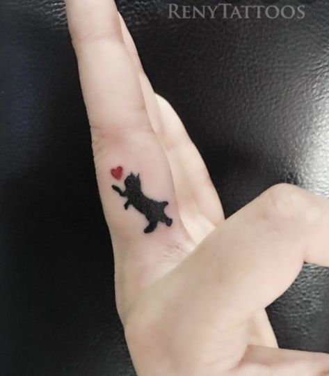 Cat Finger Tattoo, Cat Tattoos For Women, Hip Tattoos For Girls, Back Of Hand Tattoos, Middle Finger Tattoos, Heart Tattoo On Finger, Black Line Tattoo, Charm Tattoo, Cat Tattoo Simple