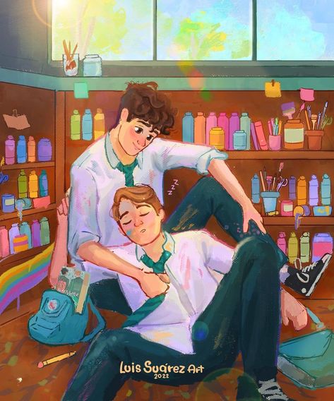 Art by @lesg_art on Insta Heartstopper Fanart, Gay Clothes, Charlie And Nick, Heartstopper Cast, Charlie Spring, Nick And Charlie, Bookshelf Art, Heart Stopper, Alice Book