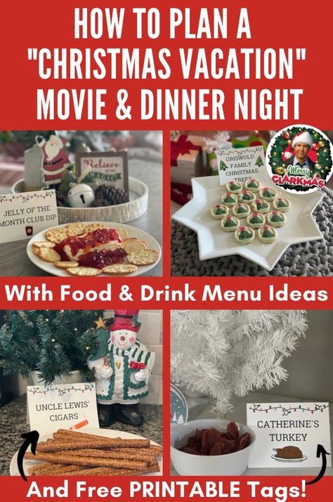 Christmas Vacation Movie Night Food, Christmas Vacation Movie Food Ideas, Christmas Vacation Charcuterie Board, Griswold Party Ideas, Christmas Vacation Themed Dinner, Christmas Vacation Themed Party Food, Christmas Vacation Menu Ideas, Christmas Vacation Themed Cocktails, Christmas Vacation Dinner Ideas