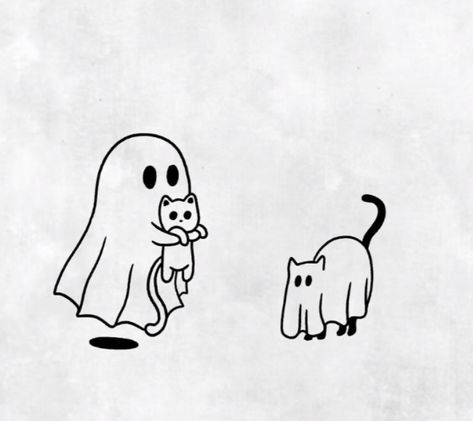 Ghost Tattoo On Arm, Matching Ghost Tattoos For 3, Cute Cowboy Ghost Tattoo, Ghost And Cat Tattoo, Black Cat Ghost Tattoo, Cute Ghost Tattoo Ideas Matching, Ghost Holding Cat Tattoo, Spooky Season Drawings Easy, Ghost With Headphones Tattoo