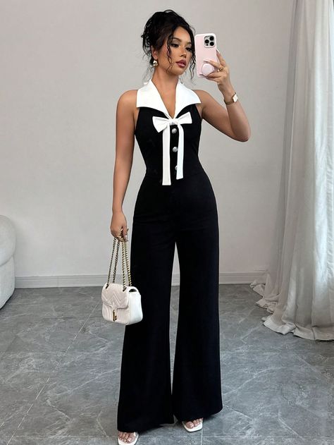 Contrast Color Bow Sleeveless Waist Fitted Elegant Romantic Women's Jumpsuit Black and White Elegant  Sleeveless Knitted Fabric Colorblock Other Medium Stretch  Women Clothing, size features are:Bust: ,Length: ,Sleeve Length: Black And White Formal Outfit, Casual Bodysuit, Romantic Woman, Flare Jumpsuit, Solid Color Pants, 21st Dresses, Strapless Jumpsuit, Floral Dresses Long, Jumpsuit Black