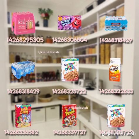 Bloxburg Pantry Decals, Bloxburg Food Decals, Pantry Decal, Snack Pictures, Bloxburg Decals Codes Aesthetic, Preppy Decal, Kitchen Decals, Blocksburg Room Ideas￼, Decals Codes