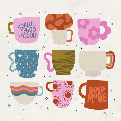 mug design, mug design painted, mug art, coffee mugs, coffee mug art, all good quote, bold move, bold coffee, coffee mug aesthetic, anthropology inspired Coffee Mug Illustration, Eclectic Mugs, Designing Kitchen, Coffee Mug Aesthetic, Mug Illustration, Coffee Mug Art, Mug Aesthetic, Coffee Doodle, Mug Drawing