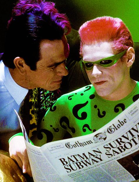 Scene of Tommy Lee Jones as Two-face and Jim Carrey as The Riddler for "Batman Forever" (1995). Batman Forever Riddler, Jim Carrey Riddler, Jim Carrey The Riddler, Two Face Batman Forever, Riddler Batman Forever, Riddler And Two Face, The Batman 2004 Riddler, Batman 2022 Riddler, Riddler Batman