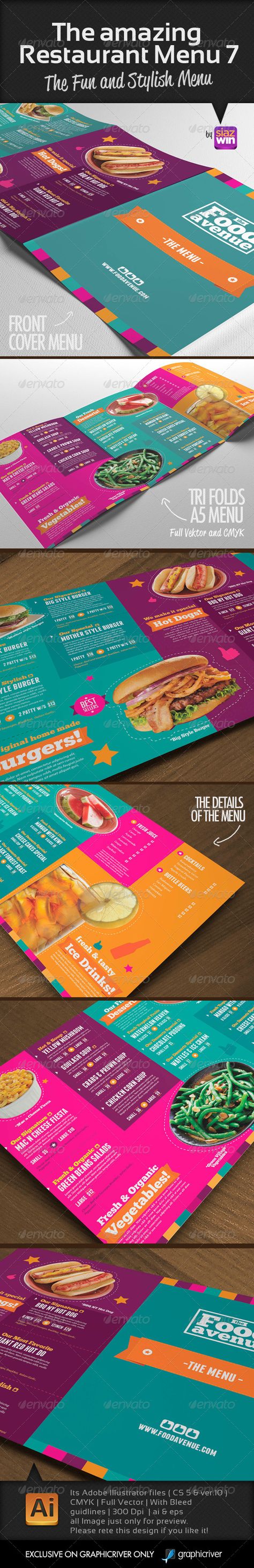 The Amazing Restaurant Menu 7 - Food Menus Print Templates Colourful Menu Design, Menu Name Cards, Daycare Menu Template, Ja Logo, Lunch Menu Template, Envelope Design Template, Editorial Design Layouts, Handout Design, Dinner Menu Template