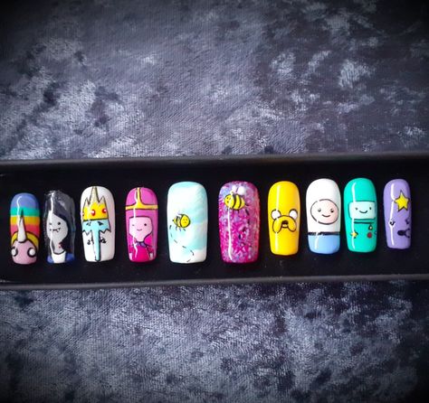 Cartoon Press On Nails, Disney Press On Nails, Regular Show Nails, Bmo Nails, Adventure Time Nail Art, Steven Universe Nails, Adventure Time Nails, Pikachu Nails, Time Nails