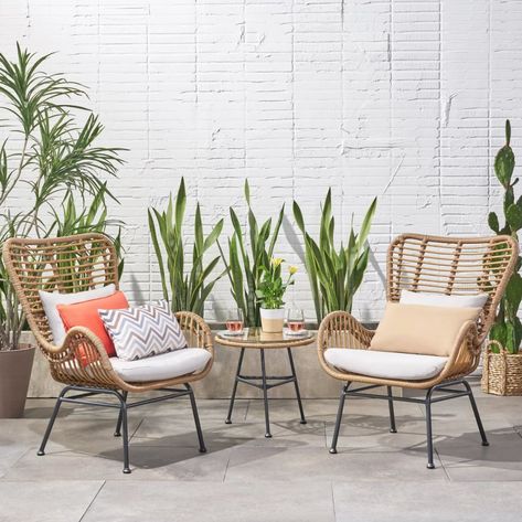 Best Cheap Patio Furniture From Wayfair Balcony Ideas Indian, Rooms Ideas, Patio Decorating Ideas On A Budget, Balcony Furniture, Small Balcony Decor, Backyard Spaces, Wicker Chairs, Beige Cushions, Small Balcony Ideas