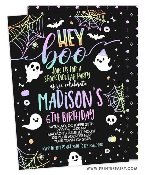 https://www.corjl.com/d/5096PD Halloween 7th Birthday Party, Halloween Birthday Party Invites, Halloween Themed Two Year Old Birthday, Three Year Old Halloween Birthday, Spooky Sixth Birthday, Halloween Birthday Party For Kids, Halloween Birthday Invitations Kids, Happy Boo Day Invitation, Halloween Birthday Party Ideas