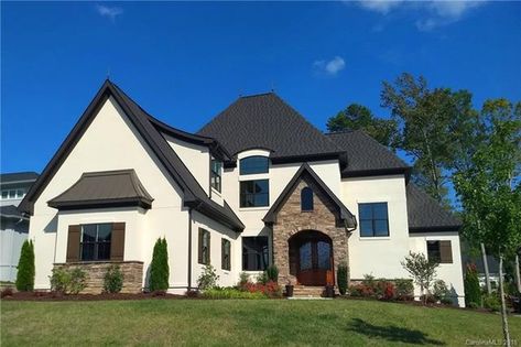 Black Roof & Trim Option Black And White Exterior, Brown Brick Houses, French Country Exterior, Roof Trim, Black Roof, Exterior Inspiration, Brown Brick, House Trim, Stone Arch