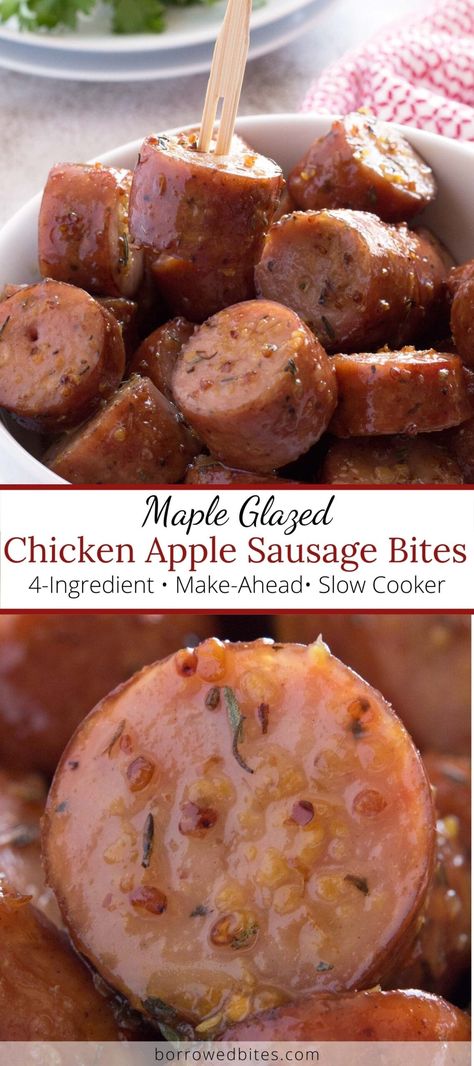 With only 4 ingredients and 5 minutes of hands-on time, these Chicken Apple Sausage Appetizers make the best party snack! Start with Aidells chicken apple sausages (or a similar brand), cover in a ridiculously delicious maple mustard glaze, then warm in the slow cooker. Perfect for potlucks, brunch, parties, and game day! Easy Fall Party Appetizers, Chicken Apple Sausage Crockpot, Adele Chicken Apple Sausage Recipes, Maple Glazed Sausages, Chicken Apple Sausage Appetizers, Crockpot Chicken Appetizers, Apple Gouda Sausage Recipes, Chicken And Apple Sausage Recipes, Chicken Sausage Appetizer