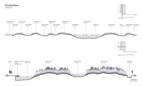 Water Section Architecture, Site Section Architecture Drawing, Site Section Architecture, Site Section, Amatitlan, Site Analysis Architecture, Architecture Site Plan, Landscape Architecture Graphics, Wetland Park