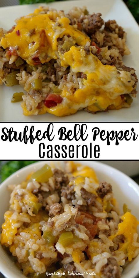 Stuffed Bell Pepper Casserole is an easy weeknight meal, loaded with hamburger, peppers, rice, seasoned perfectly and topped with cheese. Bell Peppers Casserole, Stuffed Bell Peppers Casserole, Stuffed Bell Pepper Casserole, Bell Pepper Casserole, Stuffed Bell Pepper, Pepper Casserole, Hamburger Casseroles Recipes, Bell Pepper Recipes, Beef Casserole Recipes