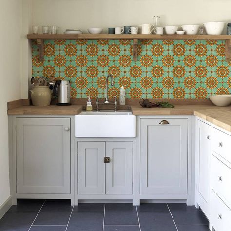 Funky Kitchen, Backsplash Wallpaper, Countertop Backsplash, Kitchen Vinyl, Kitchen Wall Decals, Backsplash Panels, 70s Decor, Classic Kitchens, Kitchen Trends